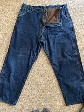 Relaxed Fit Wrangler Men's Denim Work Jeans in Dark Blue Fleece lined vintage